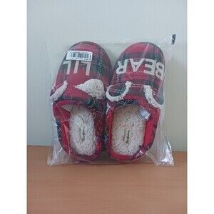 Dearfoams‎ Lil Bear Womens Blue White Red Plaid Slippers Memory Foam Size 4/5